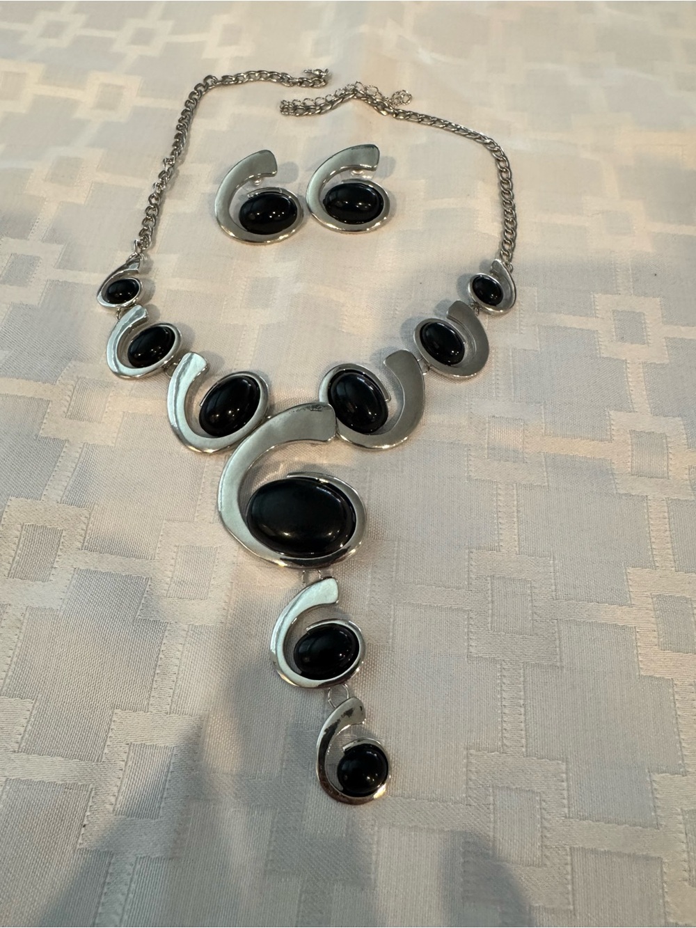 Silver-Tone Black Stone Bib Necklace and Earring Set